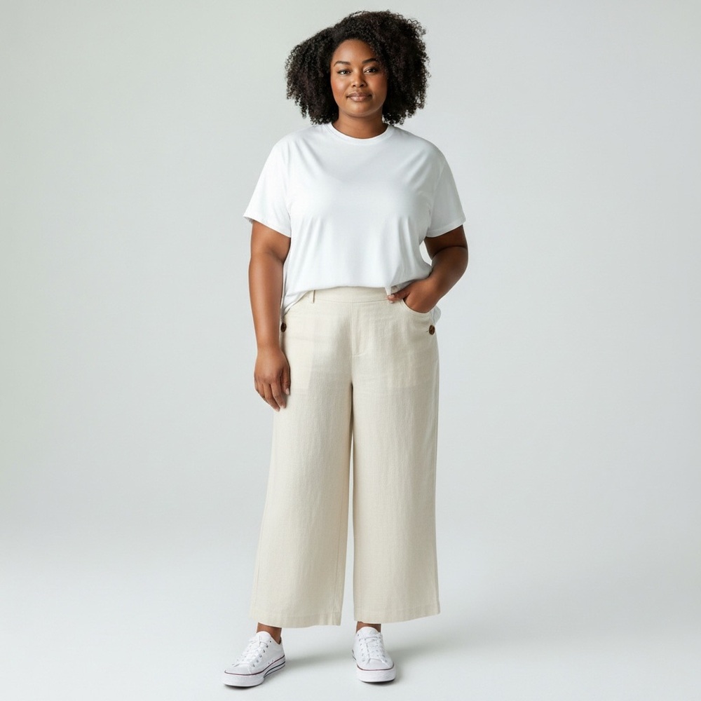 Anne Klein Cream Linen Wide Leg Crop Cargo‎ Pants Women 12